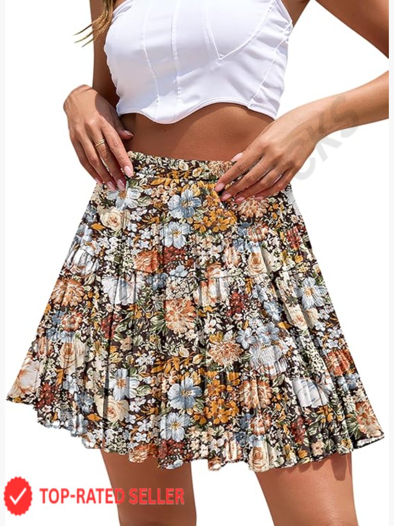 High Waisted Flowy Chiffon A Line Mini Skirt Tiered Pleated Boho